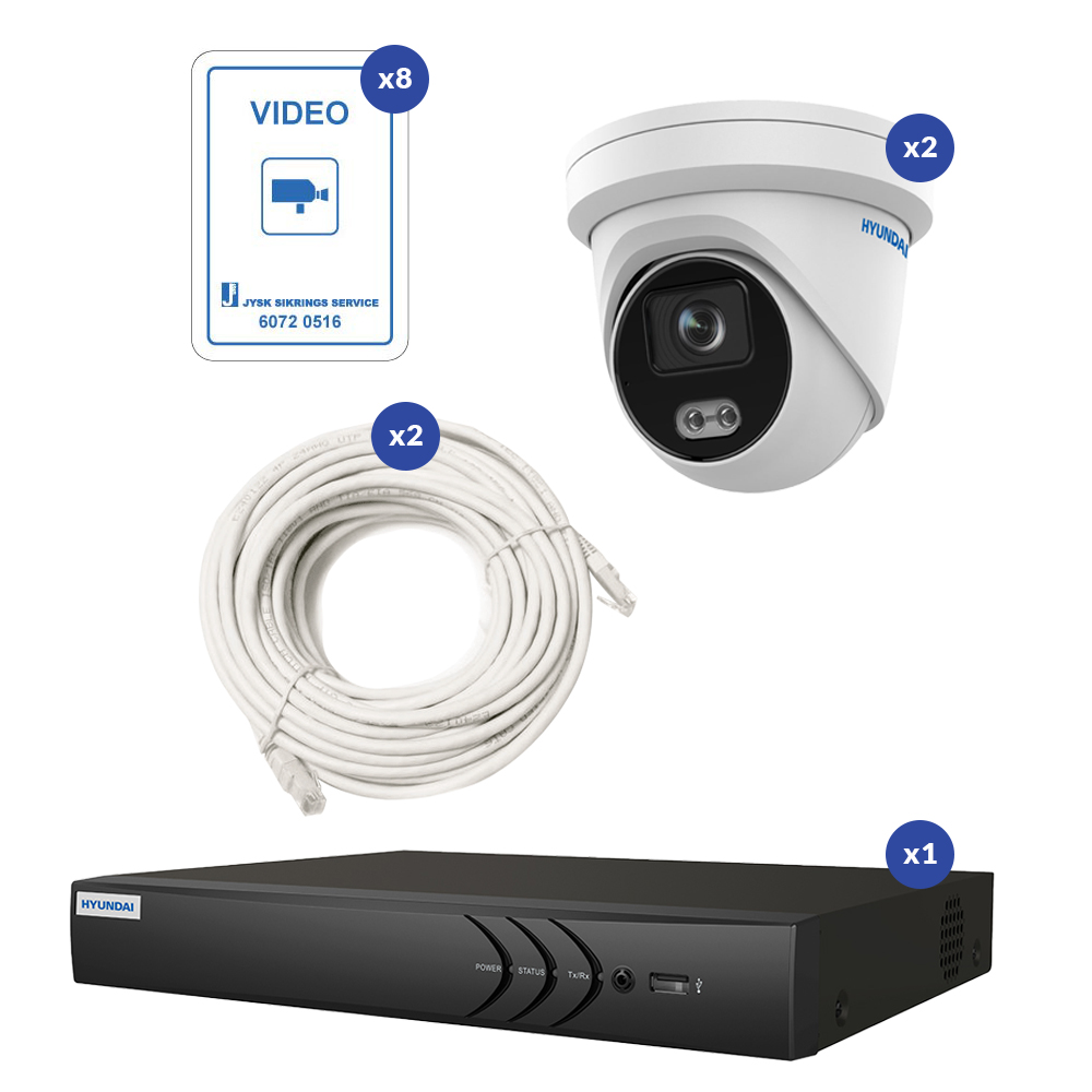 Komplet 8MP IP Hyundai Videoovervågning Pakke Med 2 Turret Overvågningskamera
