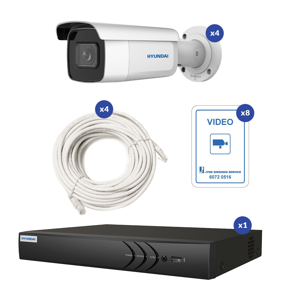 Komplet 8MP IP Hyundai Videoovervågning Pakke Med 4 Bullet Overvågningskamera