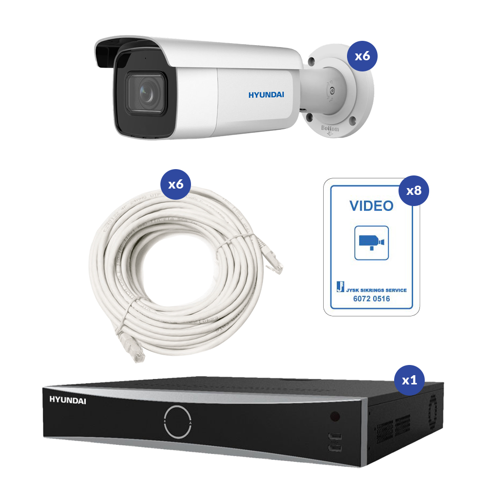 Komplet 8MP IP Hyundai Videoovervågning Pakke Med 6 Bullet Overvågningskamera