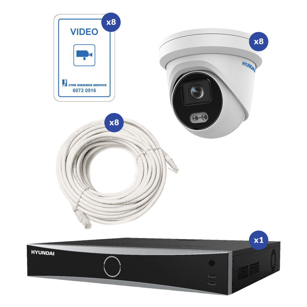 Komplet 8MP IP Hyundai Videoovervågning Pakke Med 8 Turret Overvågningskamera